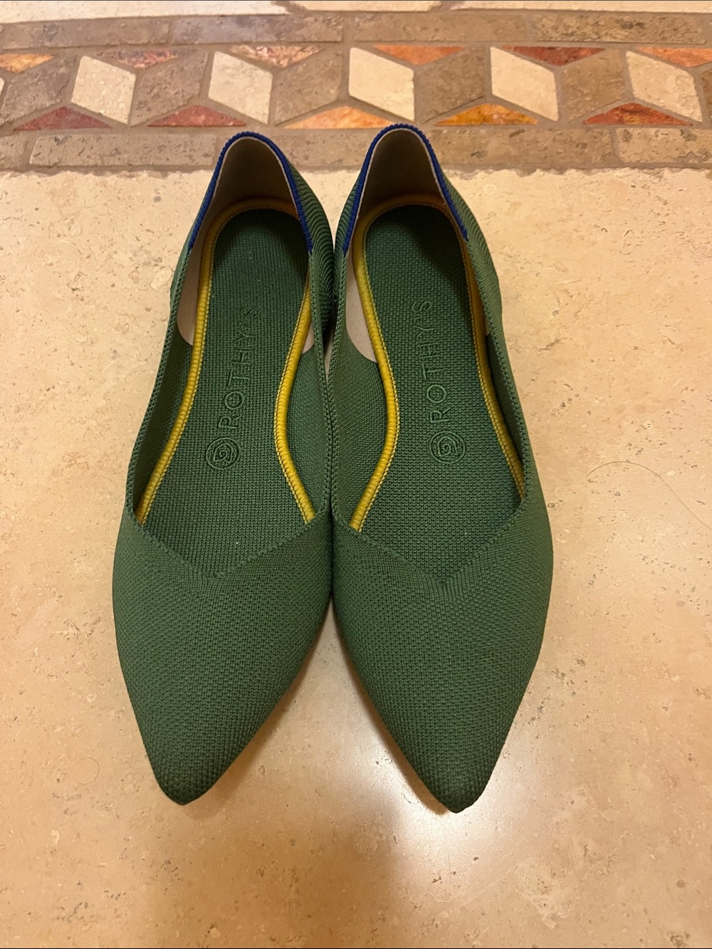 Rothy's Pointed Knit Flats in Forest Green with Yellow Trim
